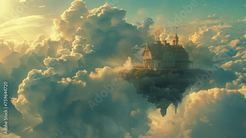 A fantasy house in the clouds, floating island surrounded by soft white and golden clouds © HillTract