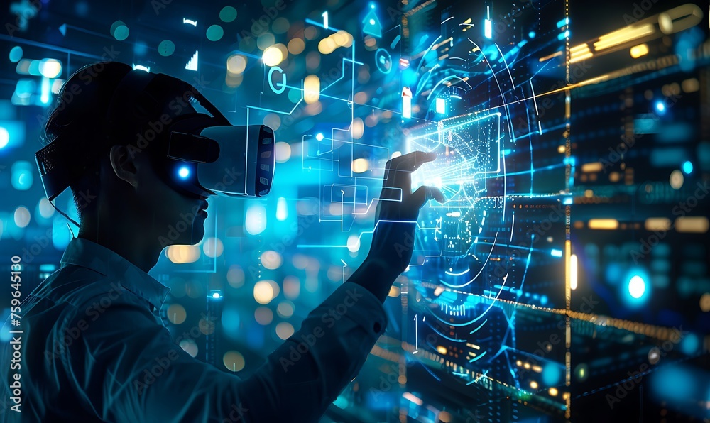 Embodying Innovative Leadership, A Close-Up of a Leader Engaging with Futuristic Data Streams in Virtual Reality Embodying Innovative Leadership, A Close-Up of a Leader Engaging with Futuristic Data Streams in Virtual Reality