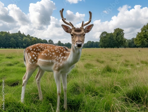 A curious deer with splendid antlers stands in a vibrant green field under a blue sky dotted with clouds photo