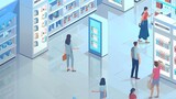 Illustration of a diverse group of shoppers browsing through virtual aisles on a digital marketplace platform