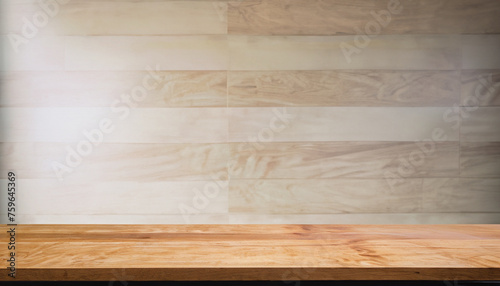 Wood table and wall background in kitchen, Wooden shelf, counter for food and product display in room background