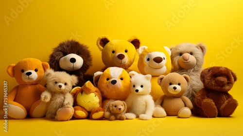 A group of cheerful, stuffed animal friends gathered on a sunny, lemon-yellow background. © Hasni