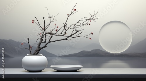 Elegant Still Life. A Serene Landscape with a Blossoming Branch  White Vase  and Plate Under the Moonlight