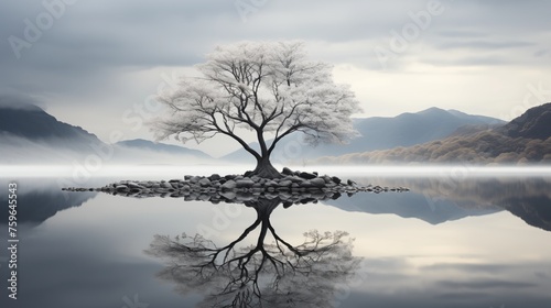 Majestic Solitude. Tranquil Reflection of a Lone Tree in Misty Waters