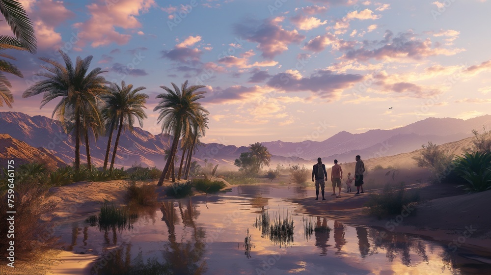 A group of friends exploring a serene, hidden oasis in the midst of a vast desert, surrounded by palm trees.