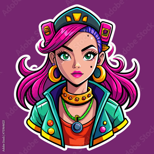 Sticker featuring a stylish girl with bold, graffiti-inspired accessories, exuding attitude and personality, ideal for adding edge to t-shirt designs