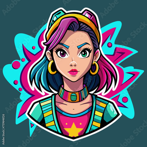 Sticker featuring a stylish girl with bold  graffiti-inspired accessories  exuding attitude and personality  ideal for adding edge to t-shirt designs