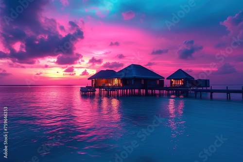 Amazing sunset panorama at Maldives. Luxury resort villas seascape with soft led lights under colorful sky. Beautiful twilight sky and colorful clouds. Beautiful beach background for vacation holiday