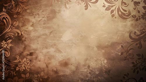 A detailed vintage floral pattern adorns the corners of a textured brown backdrop, conveying a sense of elegance and timelessness. A perfect canvas for art, invitations, or creative projects