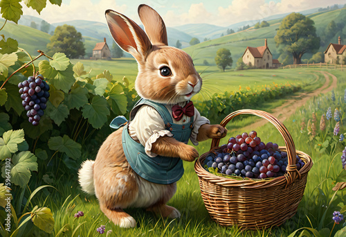 A rabbit holding a basket of grapes in the forest