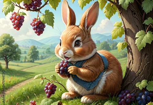 A rabbit holding a basket of grapes in the forest photo