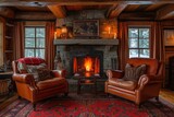 A cozy den with a wood-burning fireplace and supple leather armchairs