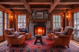 A cozy den with a wood-burning fireplace and supple leather armchairs