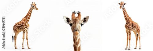 A curious giraffe with a direct gaze and detailed facial features isolated on a clean white background.