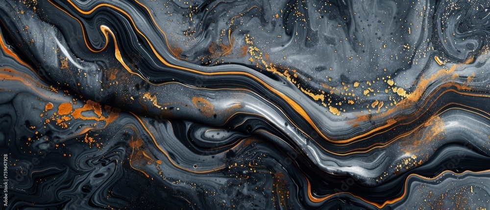 Abstract liquid marble floor with golden, brown, and dark grey and dark blue colors. Top view. Acrylic painting on canvas with gray glitter and gradient. Ink-beige backdrop with shiny wavy pattern Abstract liquid marble floor with golden, brown, and dark grey and dark blue colors. Top view. Acrylic painting on canvas with gray glitter and gradient. Ink-beige backdrop with shiny wavy pattern