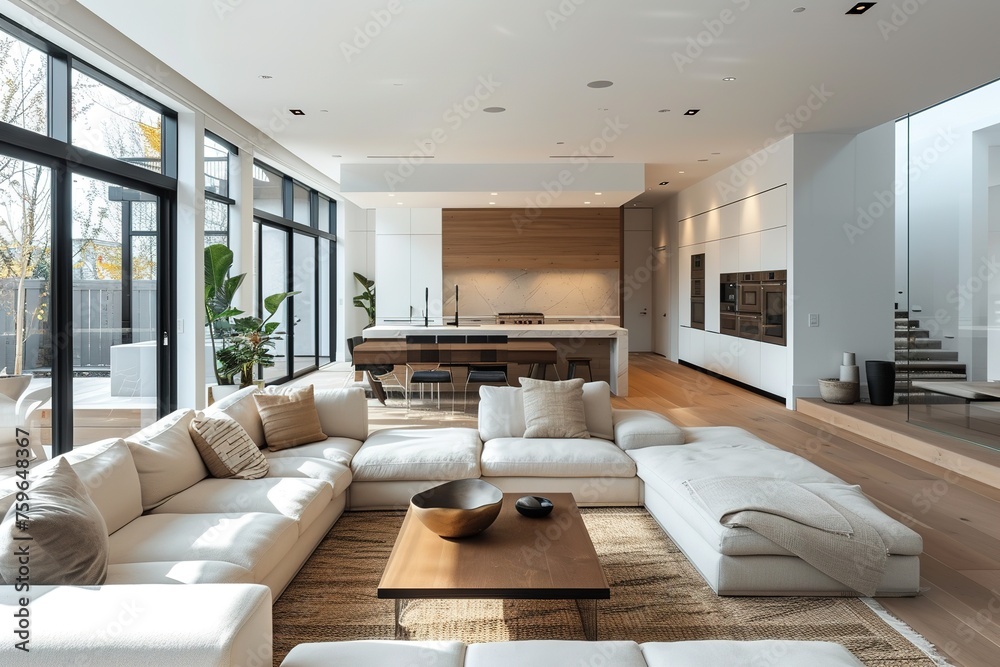 Fototapeta premium A modern minimalist home interior design with clean lines, sleek furniture, and neutral color palette, featuring an open-concept living space connected to a spacious kitchen, bathed in natural light f