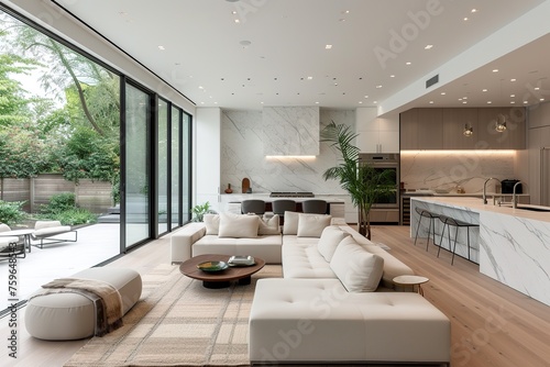 A modern minimalist home interior design with clean lines  sleek furniture  and neutral color palette  featuring an open-concept living space connected to a spacious kitchen  bathed in natural light f