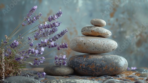 Still life composition in a spa setting featuring a stack of stones and lavender