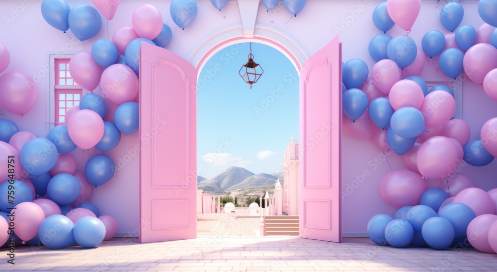blue door and balloons above pink wall blue door and balloons above pink wall