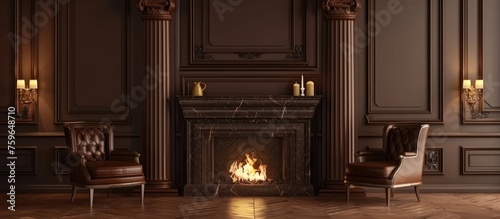 Luxurious brown fireplace with decorative columns and lattice design, vintage home mantel with burning fire.
