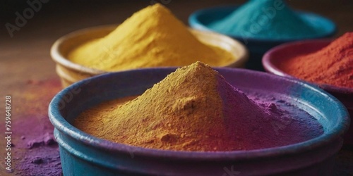 Colorful holi powder in bowls on wooden table, selective focus.