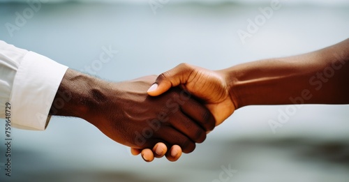  Intimate close-up of two hands clasping in unity, symbolizing support and human connection. photo