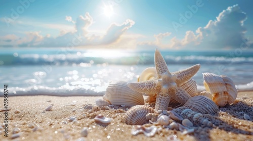 Concept of summer featuring a sandy beach, seashells, and starfish