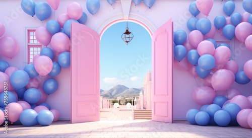 blue door and balloons above pink wall