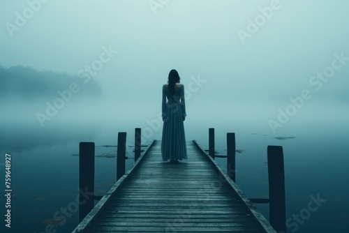 a woman standing on a dock in the foggy morning