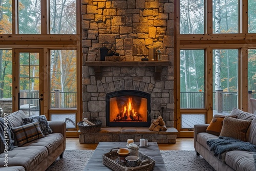 A stone fireplace in a living room next to a couch.