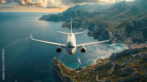 An airplane is departing from an airport, flying over stunning mountains and sea, showcasing the beauty of air travel