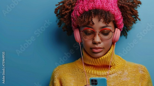 A stylish and carefree woman is enjoying music through headphones on her smar...