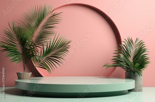 green glass display, pink desk wall, palm leaves and foliage