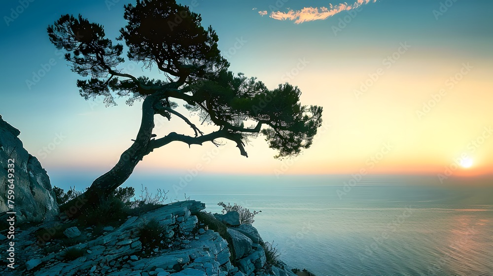 Tree and sea at sunset. Crimea landscape. Nature background - obrazy, fototapety, plakaty 