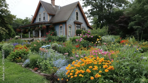 A well-kept house and garden boast vibrant annual and perennial blooms, a col...