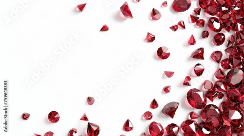 Ruby gemstones scattered on a white background with empty space in the center
