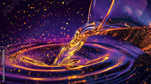 Liquid metal pouring into a glass vessel; molten streams, metallic gleam