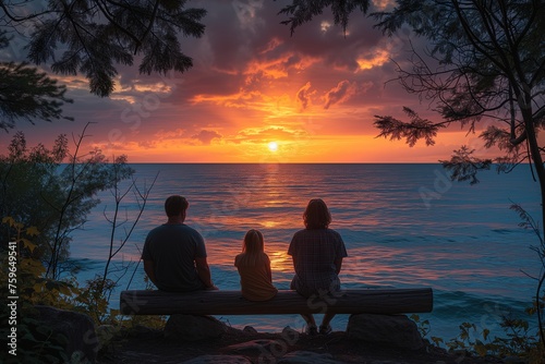 Three people enjoy a serene sunset over lake  silhouetted against vibrant skies