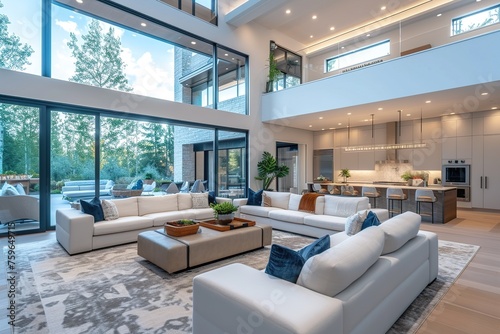 Beautiful living room interior in new luxury home with open concept floor plan. Shows kitchen, dining room, and wall of windows with amazing exterior © interior