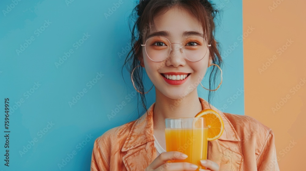 A lovely Asian woman dressed for summer, smiling and holding a glass of orange juice, stands against a colorful blue background A lovely Asian woman dressed for summer, smiling and holding a glass of orange juice, stands against a colorful blue background