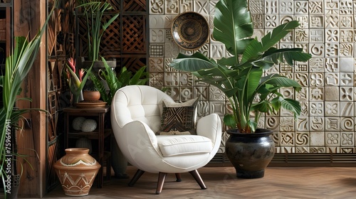 Bohemian Elegance in a Sophisticated Living Room with Artisanal Ceramics and a Statement Wall photo