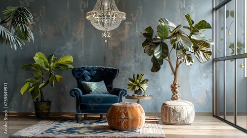 Bohemian Glamour: A Luxurious Living Room Corner adorned with Crystal Chandelier and Faux Fiddle-Leaf Fig photo