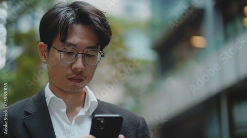 A businessman using a smartphone for global business activities, including in...