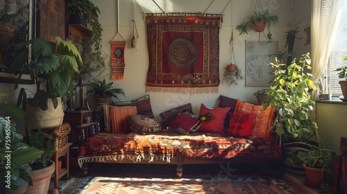 Bohemian Serenity A Dreamlike Living Room Corner with Vintage Daybed and Ethnic-Inspired Tapestry