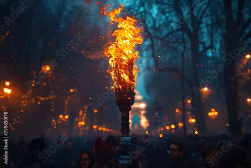 A fiery torch burns brightly, lighting up a night-time procession and evoking a sense of mystique and celebration