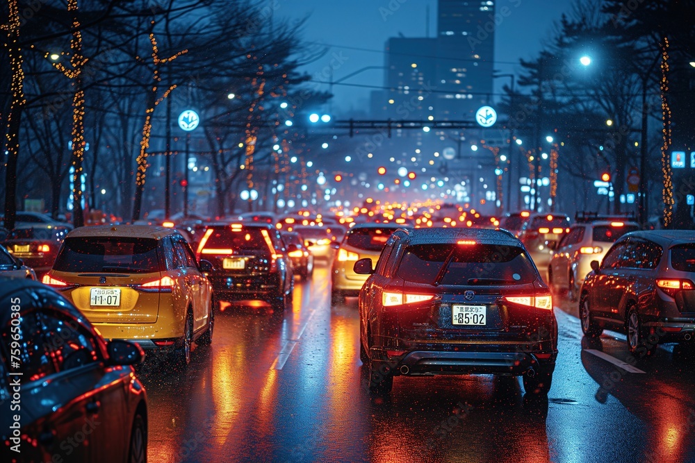 Evening rush hour traffic captured on a city street illuminated by streetlights and car headlights Evening rush hour traffic captured on a city street illuminated by streetlights and car headlights