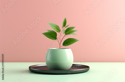 green flower pot in pink background with green leaf