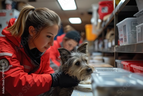 In a heartwarming scene, an emergency responder comforts a distressed dog amidst a rescue operation