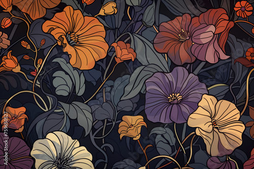 floral pattern or motif in art nouveau style on dark background  3 