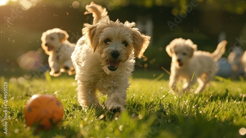 Puppies romp on lush green grass with ball, tails wagging with excitement